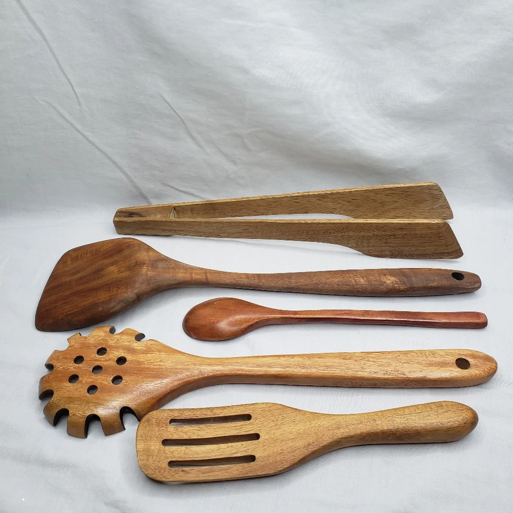 Dark Wood Kitchen Utensils Spoons Spatula Tongs Five Pieces